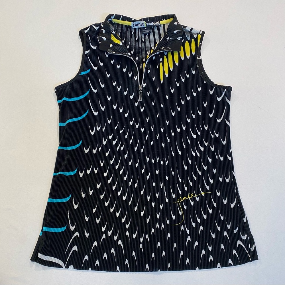 Jamie Sadock Vintage 90s Black and White Patterned Sleeveless Top with Collar, M